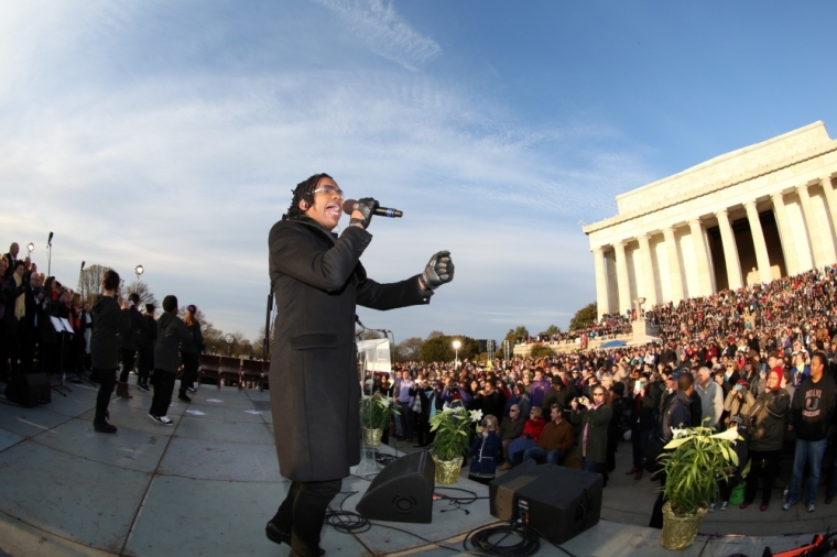 Michael Tait of Newsboys performs the hit song 'God's Not Dead' at the Easter sunrise service at the Lincoln Memorial in Washington D.C. Sunday, April 5, 2015.