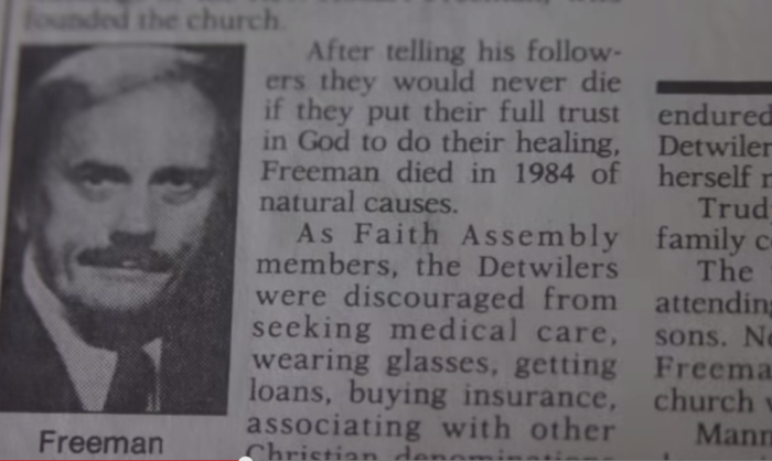 A newspaper article about Hobart Freeman, former head of the Indiana-based group Faith Assembly. The multi-site church preached an extreme form of faith healing wherein they refused to use any medical treatment.