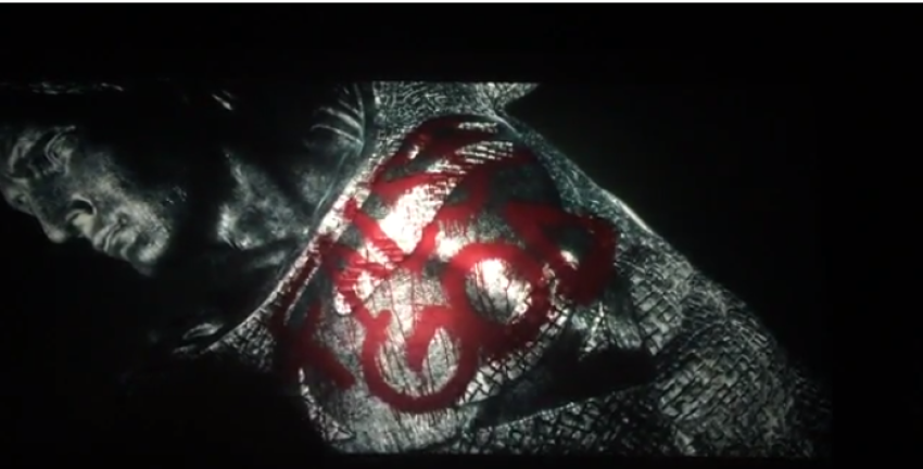 A screenshot from the leaked "Batman v Superman: Dawn of Justice" trailer that portrays Superman as a "false god."