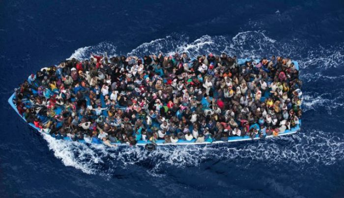 A boat carrying migrants in the Mediterranean, February 12, 2015.