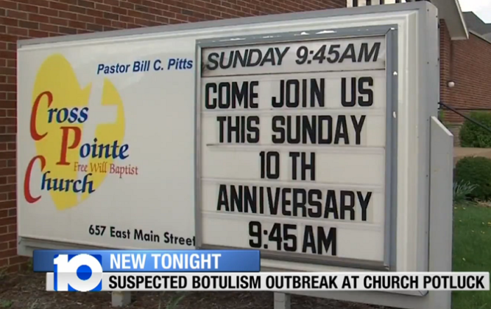 Cross Pointe Free Will Baptist Church linked to an outbreak of botulism in Lancaster, Ohio, on Wednesday, April 22, 2015.