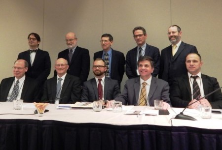(L to R, Back Row) Joel Willits, Darrell Bock, Mark S. Kinzer, Gerald R. McDermott, David Rudolph; (L to R, Front) Craig Blaising, Robert Benne, Robert W. Nicholson, Mark Tooley, Shadi Khalloul, "People of the Land: A Twenty-First Century Case for Christian Zionism" conference, Washington, D.C., April 17, 2015.