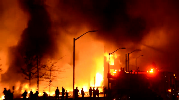 A multi-million dollar community center burned down to the ground in East Baltimore, Maryland, during riots on April 27, 2015.