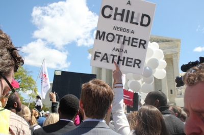 Traditional marriage and LGBT demonstrators gather around the steps of the Supreme Court building in Washington D.C., April 28, 2015, for the oral arguments for Obergefell v. Hodges.