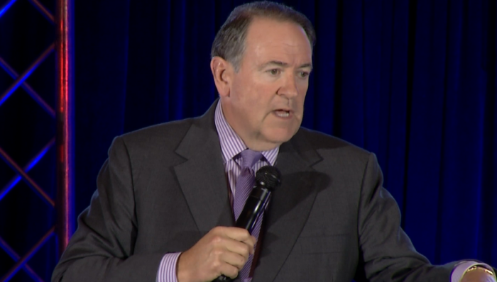 Former Arkansas Governor Mike Huckabee giving remarks at the National Hispanic Christian Leadership Conference's annual gathering, held in Houston, Texas from April 28-30.