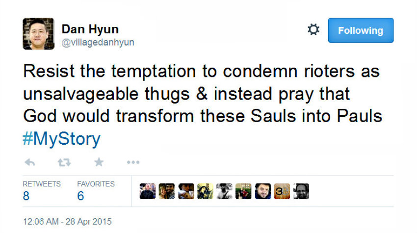 Pastor Dan Hyun of The Village Church in Baltimore, Md., admonished Christians against calling rioters "thugs" on April 28, 2015, on Twitter.