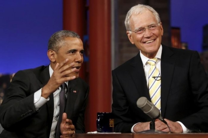 U.S. President Barack Obama tapes an appearance on the Late Show with David Letterman at the Ed Sullivan Theater in New York May 4, 2015.