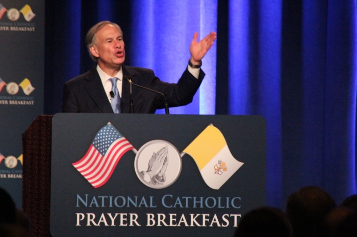 Texas Gov. Greg Abbott gives a keynote speech at the 11th annual National Catholic Prayer Breakfast at the Marriott Marquis in Washington, D.C. on May 7, 2015.