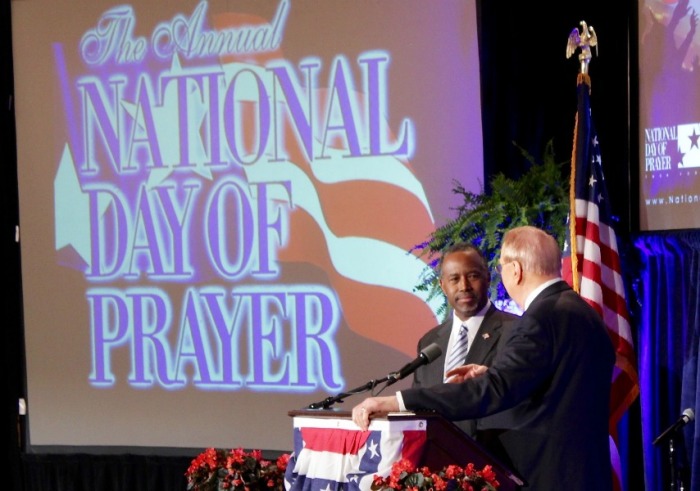 Dr. Ben Carson and Dr. James Dobson at the 2015 National Day of Prayer.