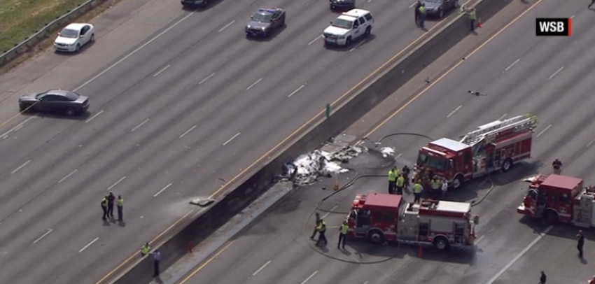 A small plane crashed on I-285 just north of Atlanta, Georgia, on Friday, May 8, 2015.