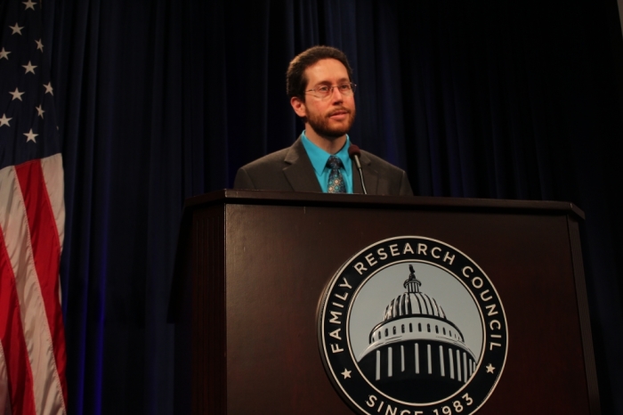 Conservative author and history professor at Bethany Lutheran College, Ryan MacPherson, talks about the rise of no-fault divorce policies in America in a discussion at the Family Research Council in Washington D.C. on May 8, 2015.