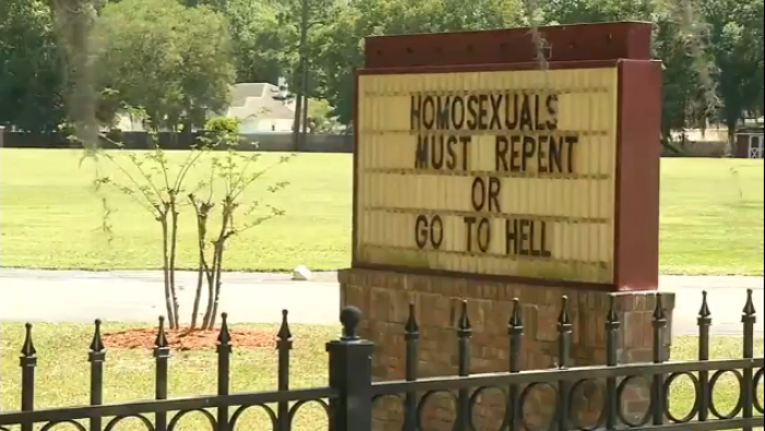 A sign outside of First Conservative Baptist Church in Jacksonville Florida which read 'Homosexuals Must Repent or Go to Hell' that offended some of the community's residents.