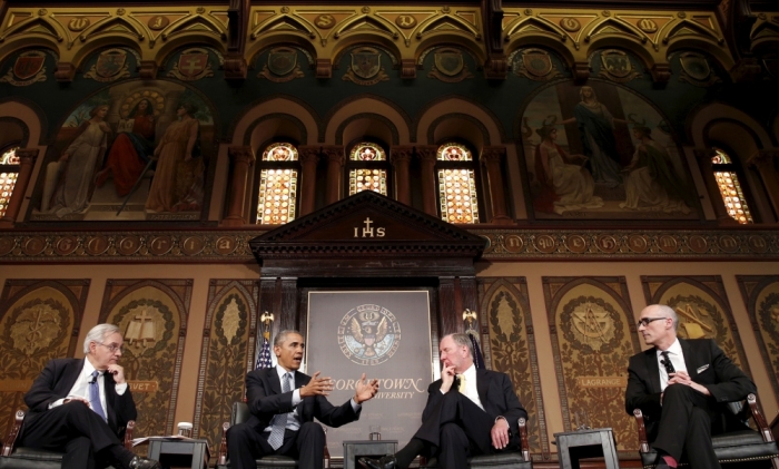 U.S. President Barack Obama takes part in the Catholic-Evangelical Leadership Summit on Overcoming Poverty at Georgetown University in Washington May 12, 2015.