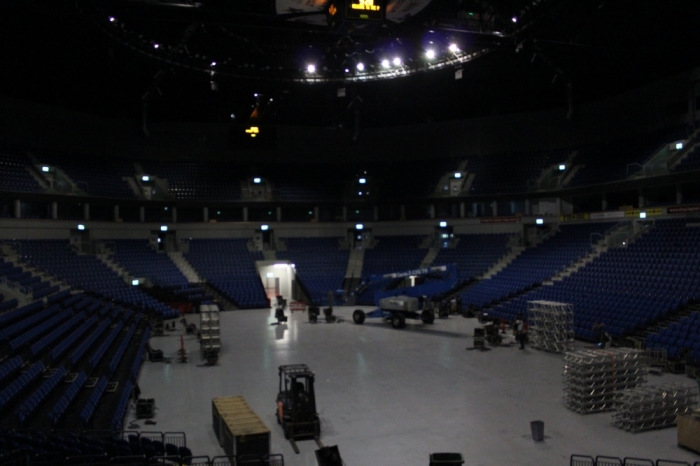 Workmen prepare the Jerusalem Pais Arena in Israel for the Empowered21 Global Congress on Monday May 17, 2015.