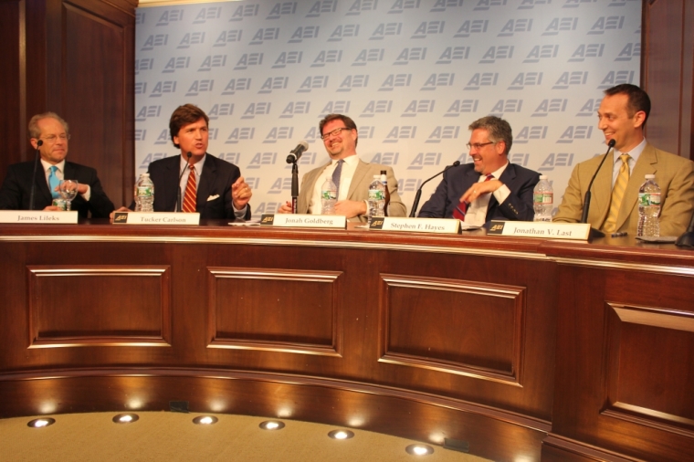 Authors, (L to R) James Lileks, Tucker Carlson, Jonah Goldberg, Stephen Hayes, Jonathan Last, speaking about The Dadly Virtues: Adventures From the Worst Job You'll Ever Love, at the American Enterprise Institute, Washington, D.C., May 11, 2015.