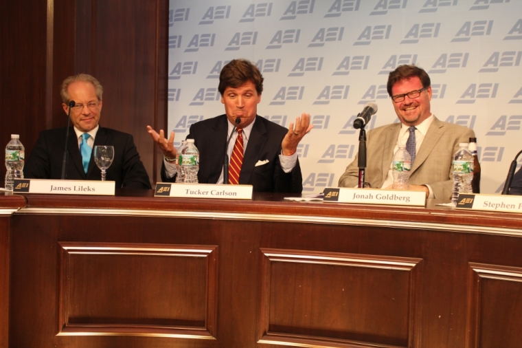 Authors, (L to R) James Lileks, Tucker Carlson, Jonah Goldberg speaking about The Dadly Virtues: Adventures From the Worst Job You'll Ever Love, at the American Enterprise Institute, Washington, D.C., May 11, 2015.