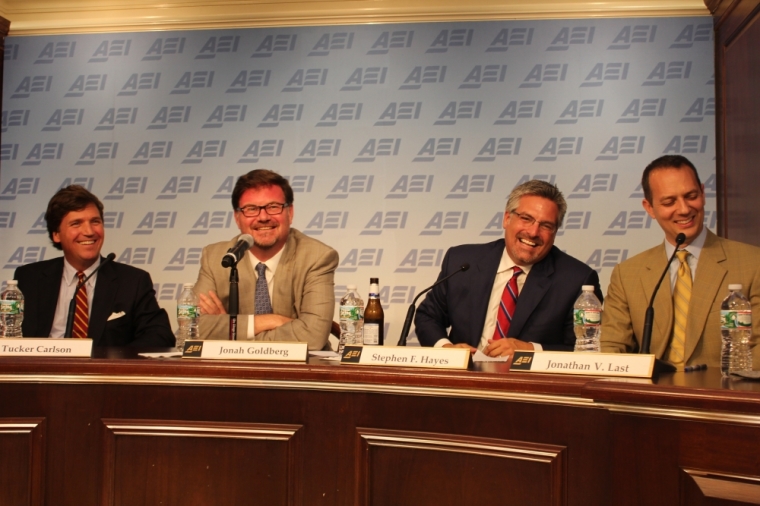 Authors, (L to R) Tucker Carlson, Jonah Goldberg, Stephen Hayes, Jonathan Last, speaking about The Dadly Virtues: Adventures From the Worst Job You'll Ever Love, at the American Enterprise Institute, Washington, D.C., May 11, 2015.