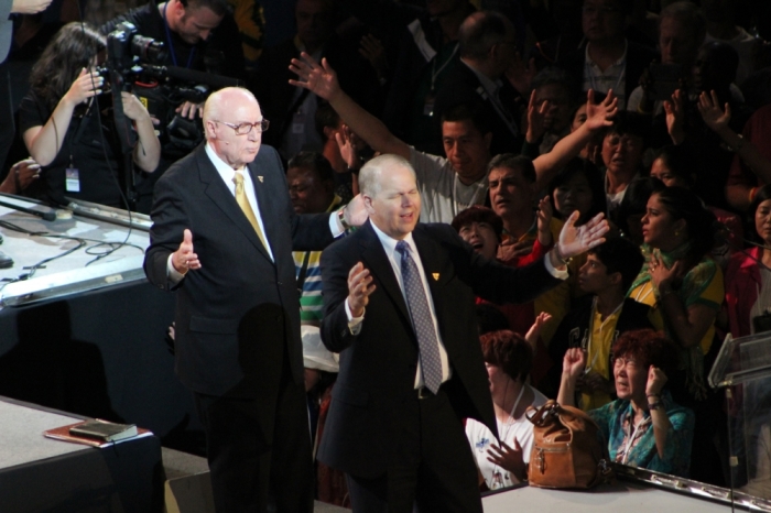 Dr. George O. Wood, chief executive officer of the Assemblies of God Church and global co-chair of the Empowered21 Spirit-empowered movement (background) and co-chair William Wilson, president of Oral Roberts University (foreground) lead a prayer session on the Empowered21 Global Congress in Jerusalem, Israel on Wednesday night.