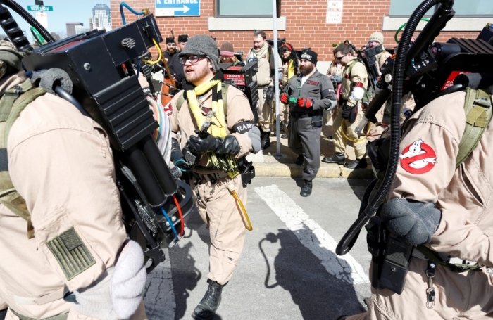 Members of a Ghostbusters-theme group prepare to march down Broadway during the annual South Boston St. Patrick's Day parade in Boston, Massachusetts, March 16, 2014.