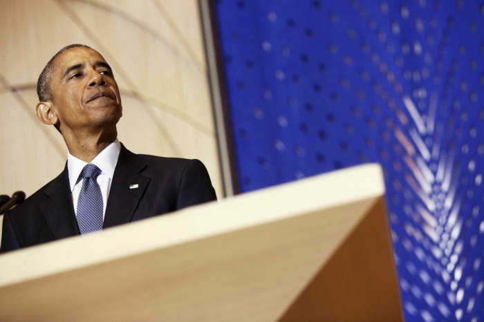 U.S. President Barack Obama pauses during remarks on Jewish American History Month at the Adas Israel Congregation synagogue in Washington, May 22, 2015.
