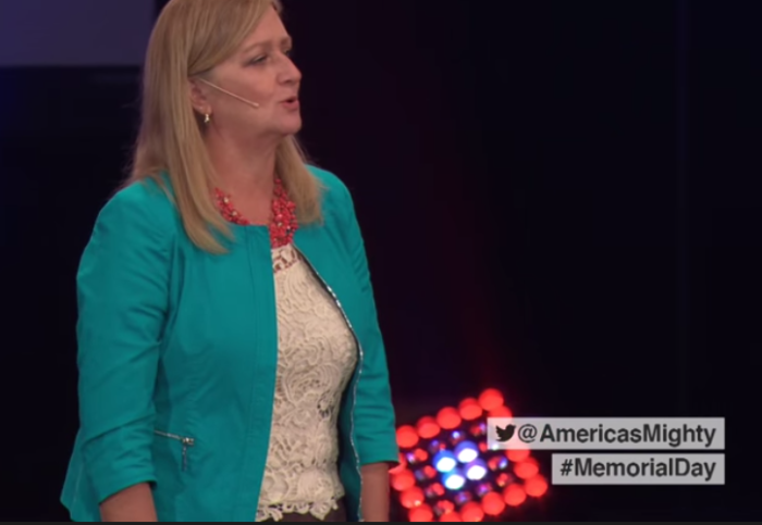Gold Star mom Debbie Lee speaks at Fellowship Church in Grapevine, Texas, for a Memorial Day service on Sunday, May 24, 2015.