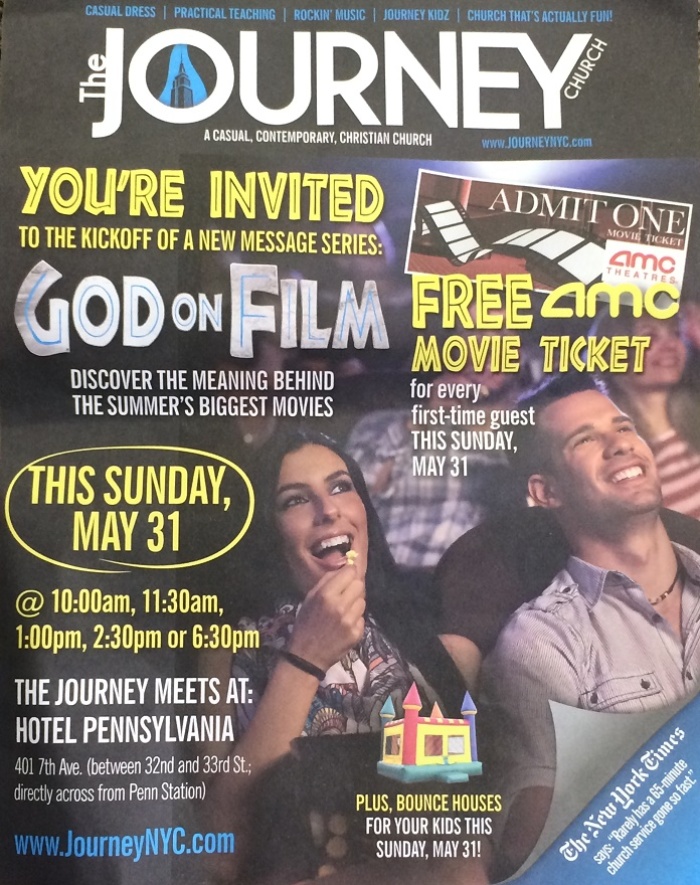 The Journey Church's flyer advertising free movie tickets for first time visitors.