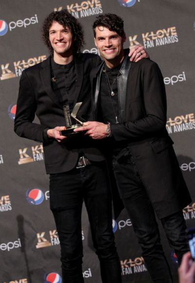 for King & Country (L to R Luke and Joel) accepts the K-Love Artist of the Year award in Nashville, Tennessee, on May 31, 2015.
