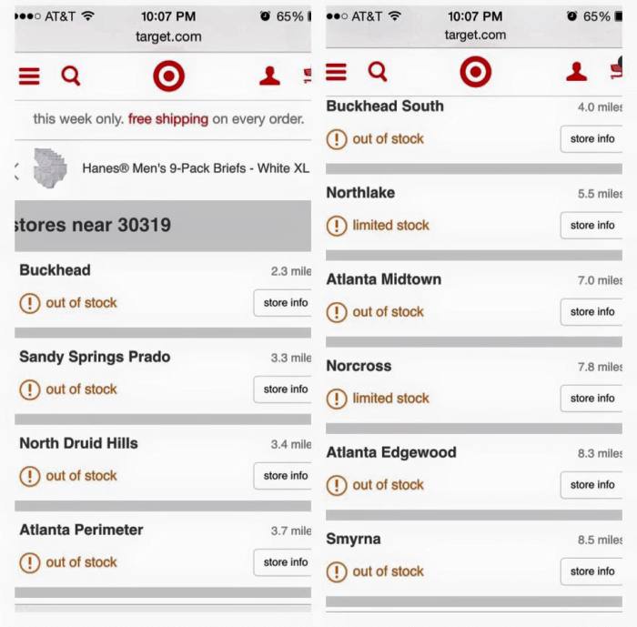 A screenshot of someone's smartphone shows the 'out of stock' statuses at various Target stores in Atalanta, Georgia.