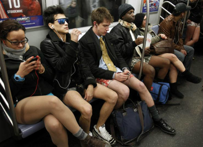 Participants are seen riding a train on No Pants Subway Ride day in this file photo.