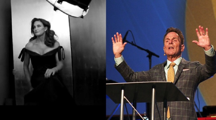 Left: Bruce Jenner poses during his 2015 Vanity Fair shoot. Right: Ronnie Floyd, senior pastor of Cross Church in northwest Arkansas, speaks on the opening night of 2014 SBC Pastors' Conference in Baltimore, Maryland, on Sunday, June 8, 2014.