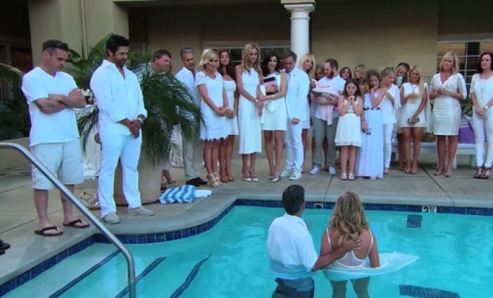 'Real Housewives of Orange County' star Tamra Judge is seen in this undated photo being baptized, which will be shown in season 10 of the series on Bravo TV.