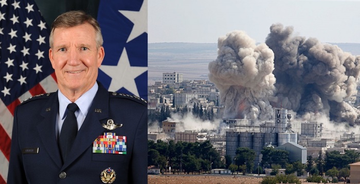 U.S. Air Force General Herbert J. 'Hawk' Carlisle (L). Smoke and dust rise after a US-led airstrike in the Syrian town of Kobani (R).