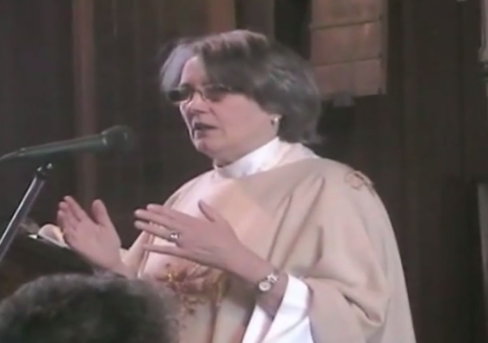 The Very Rev. Mary Irwin-Gibson preaching a sermon at Holy Trinity Anglican Church, Ste-Agathe, Quebec in 2009.