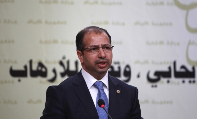 Iraqi Parliament Speaker Salim al-Jabouri speaks during a news conference at the Foreign Ministry in Baghdad March 31, 2015.