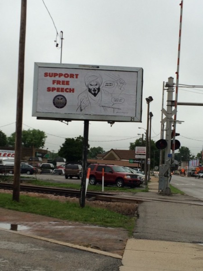 A billboard showing a cartoon of Muhammad, founder of Islam, posted in June 2015 by the American Freedom Defense Initiative