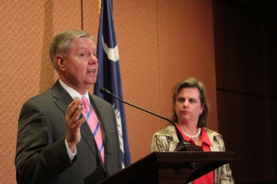 Sen. Lindsey Graham, R-S.C., (left), flanked by SBA List President Marjorie Dannenfelser (right), introduces the Senate's version of the Pain-Capable Unborn Child Protection Act at a press conference at the Capitol Visitor Center in Washington, D.C. on June 11, 2015.