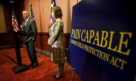 Republican presidential candidate Sen. Lindsey Graham, R-S.C., holds a news conference to discuss the introduction of the Pain Capable Unborn Child Protection Act in the Senate in the U.S. Capitol in Washington, June 11, 2015.