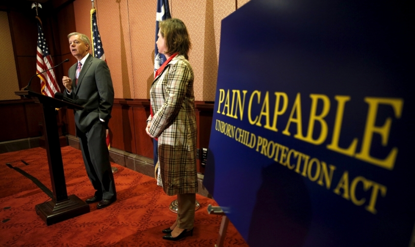 Republican presidential candidate Sen. Lindsey Graham, R-S.C., holds a news conference to discuss the introduction of the Pain Capable Unborn Child Protection Act in the Senate in the U.S. Capitol in Washington, June 11, 2015.