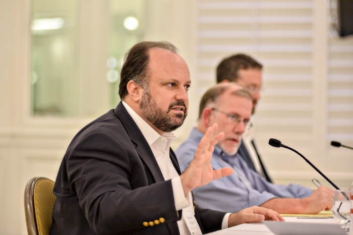Bernard Haykel (foreground), Michael Cromartie (middle), William McCants (background) speaking on 'The Islamic State: Understanding its Ideology and Theology,' at the Ethics and Public Policy Center's Faith Angle Forum, Miami Beach, May 4, 2015.