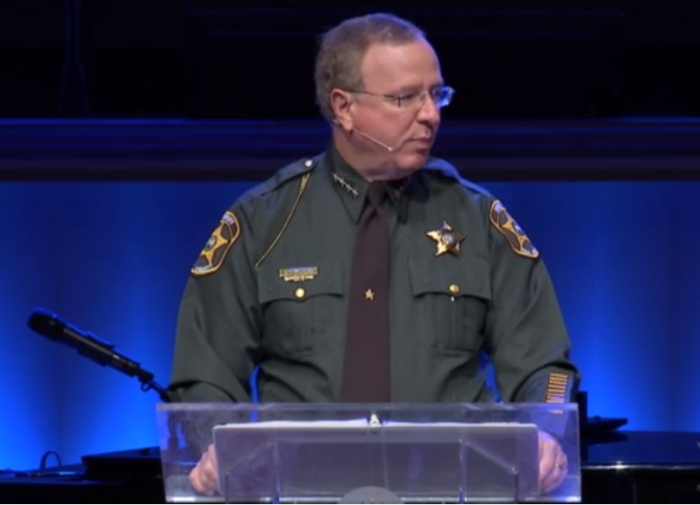 Sheriff Grad Judd of Polk County, Florida, speaking at First Baptist Church at the Mall in Lakeland, Florida on April 19, 2015.