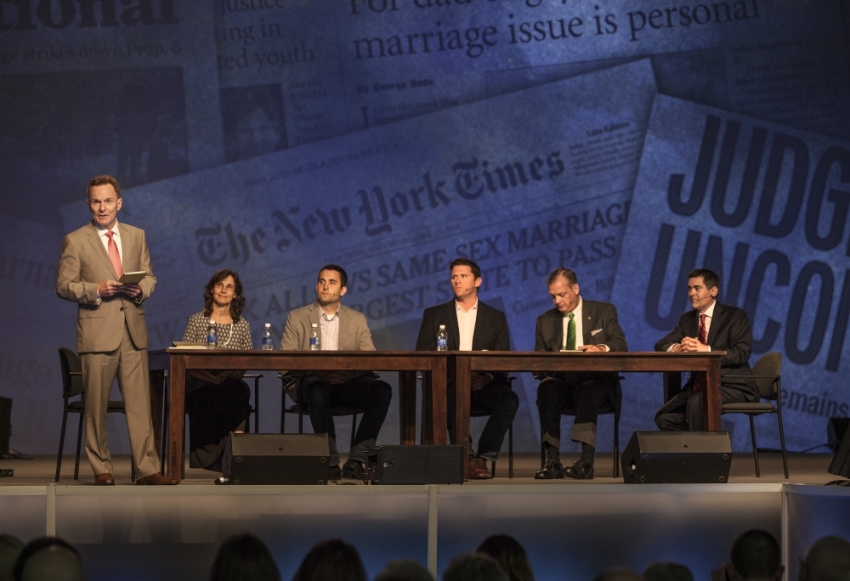 Ronnie Floyd, president of the Southern Baptist Convention, leads an SBC Presidential Panel on "The Supreme Court and Same-Sex Marriage: Preparing Our Churches for the Future." Panel participants included (left to right): Rosario Butterfield, an author from Durham, N.C.; Ryan Blackwell, senior pastor, First Baptist Church, San Francisco; Matt Carter, senior pastor, Austin Stone Community Church, Austin, Texas; R. Albert Mohler Jr.; president of Southern Baptist Theological Seminary, Louisville, Ky., and Russell Moore, president of the Southern Baptist Ethics & Religious Liberty Commission. The panel was held during the last session of the two-day June 16-17 SBC annual meeting at the Greater Columbus Convention Center in Columbus, Ohio.