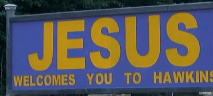 'Jesus Welcomes You to Hawkins' sign in Hawkins, Texas, July 2015.