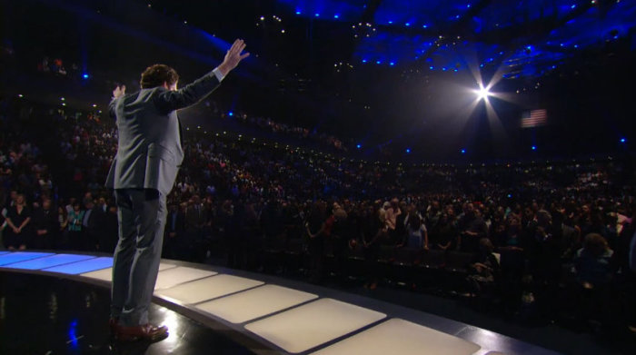 Joel Osteen, pastor of Lakewood Church in Houston, Texas, prays for those in Charleston, South Carolina, affected by the murder of 9 people at Emanuel AME Church by Dylann Storm Roof, during a June 21, 2015, church service.
