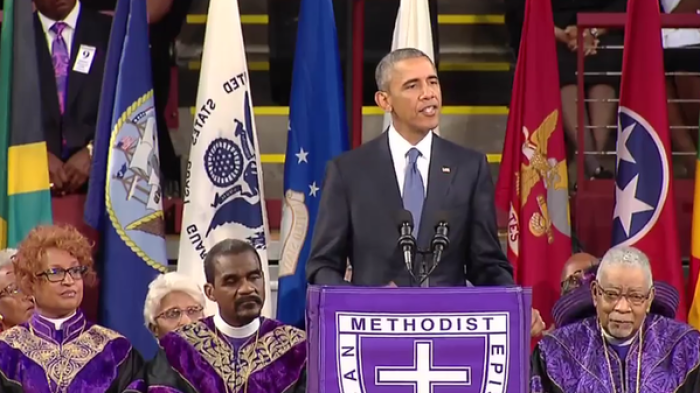 President Barack Obama delivers the eulogy for the Rev. Clementa Pinckney on June 26, 2015, in Charleston, South Carolina.