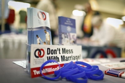 Opponents of gay marriage display literature and gifts at the 2011 Republican Leadership Conference in New Orleans, Louisiana, June 18, 2011.
