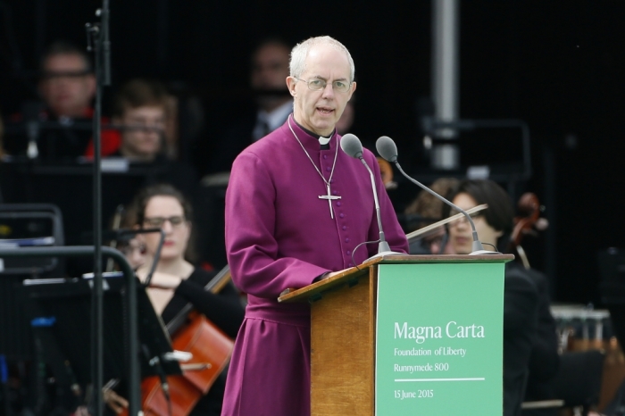 The Archbishop of Canterbury Justin Welby speaks during an event marking the 800th anniversary of Magna Carta in Runymede, Britain, June 15, 2015.