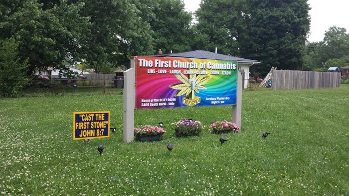 The sign for Indiana's First Church of Cannabis.