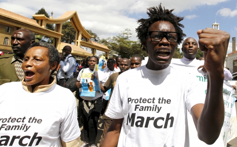 Members of the anti-gay caucus chant slogans as they march along the streets in Kenya's capital Nairobi, July 6, 2015. The demonstration is aimed at U.S. President Barack Obama, who protesters fear will put pressure on the government to legalize same-sex marriage during his upcoming visit on July 25.