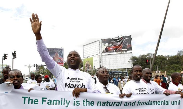 Kenyan legislator Irungu Kang'ata, MP of the Kiharu constituency, leads the anti-gay caucus as they chant slogans during a march along the streets in Kenya's capital Nairobi, July 6, 2015. The demonstration is aimed at U.S. President Barack Obama, who protesters fear will put pressure on the government to legalize same-sex marriage during his upcoming visit on July 25.