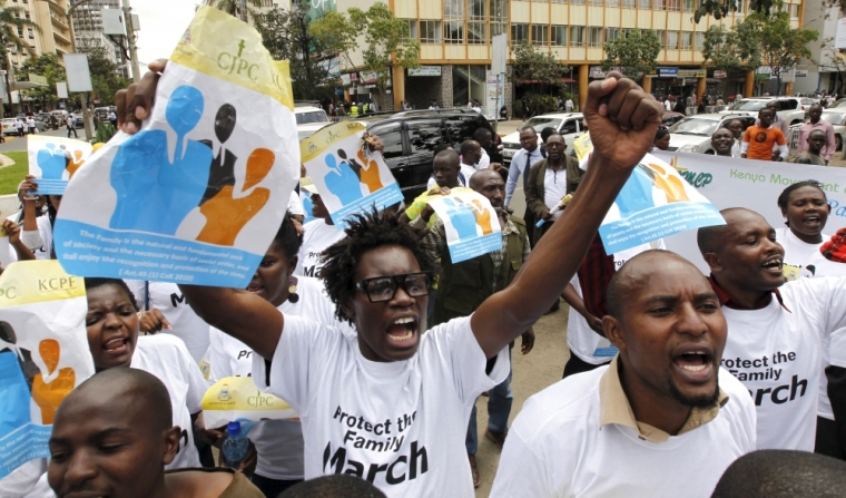 Members of the anti-gay caucus chant slogans as they march along the streets in Kenya's capital Nairobi, July 6, 2015. The demonstration is aimed at U.S. President Barack Obama, who protesters fear will put pressure on the government to legalise same-sex marriage during his upcoming visit on July 25.